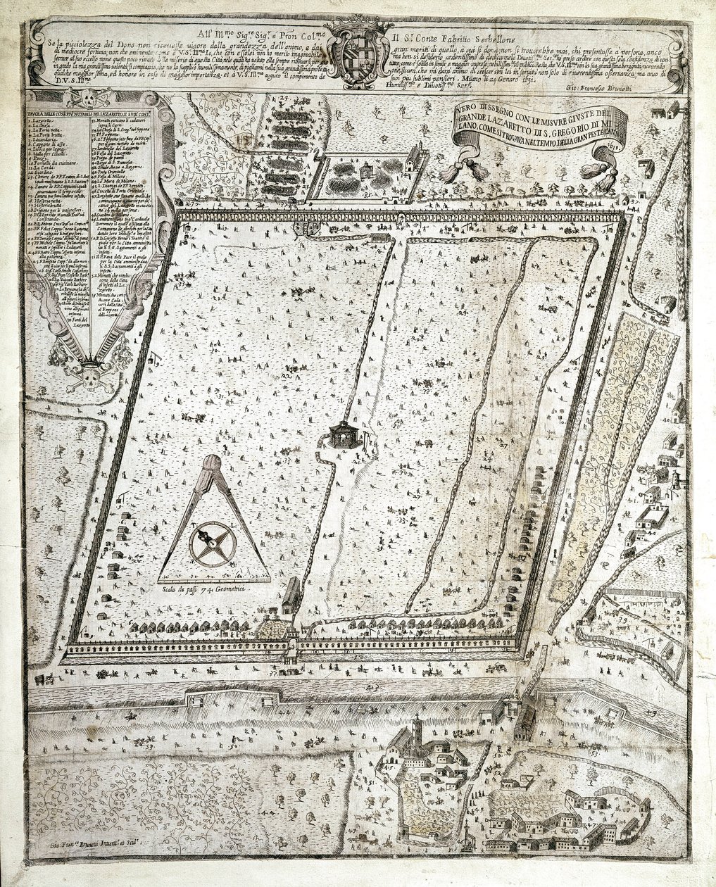 Kart over Milano lazaret under den store pesten i Milano i 1630 (Tegning av Unknown artist