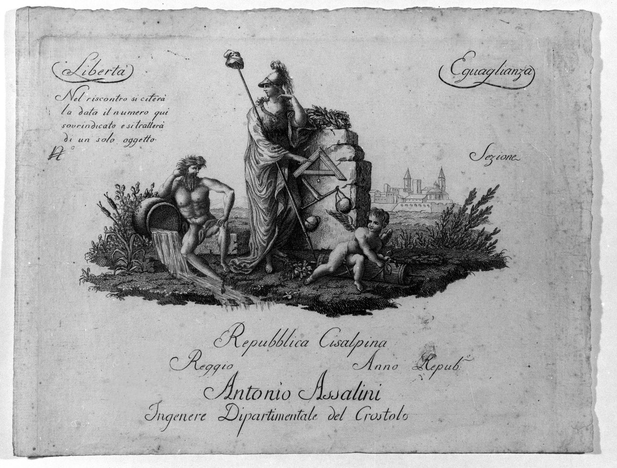 Kart over den cisalpine republikken (Cisalpina) laget av Napoleon Bonaparte 27.06.1797 etter fransk modell i Italia, som ble den italienske republikken i 1802. Verdiene til Den franske republikk er nedfelt i det (Liberte, Egalite). Gravering Museo del ris av Unknown artist