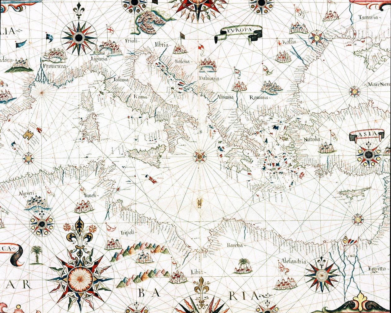 Kart over Middelhavet og kystlinjen (Detalj av portulaen til Castellini av Unknown artist
