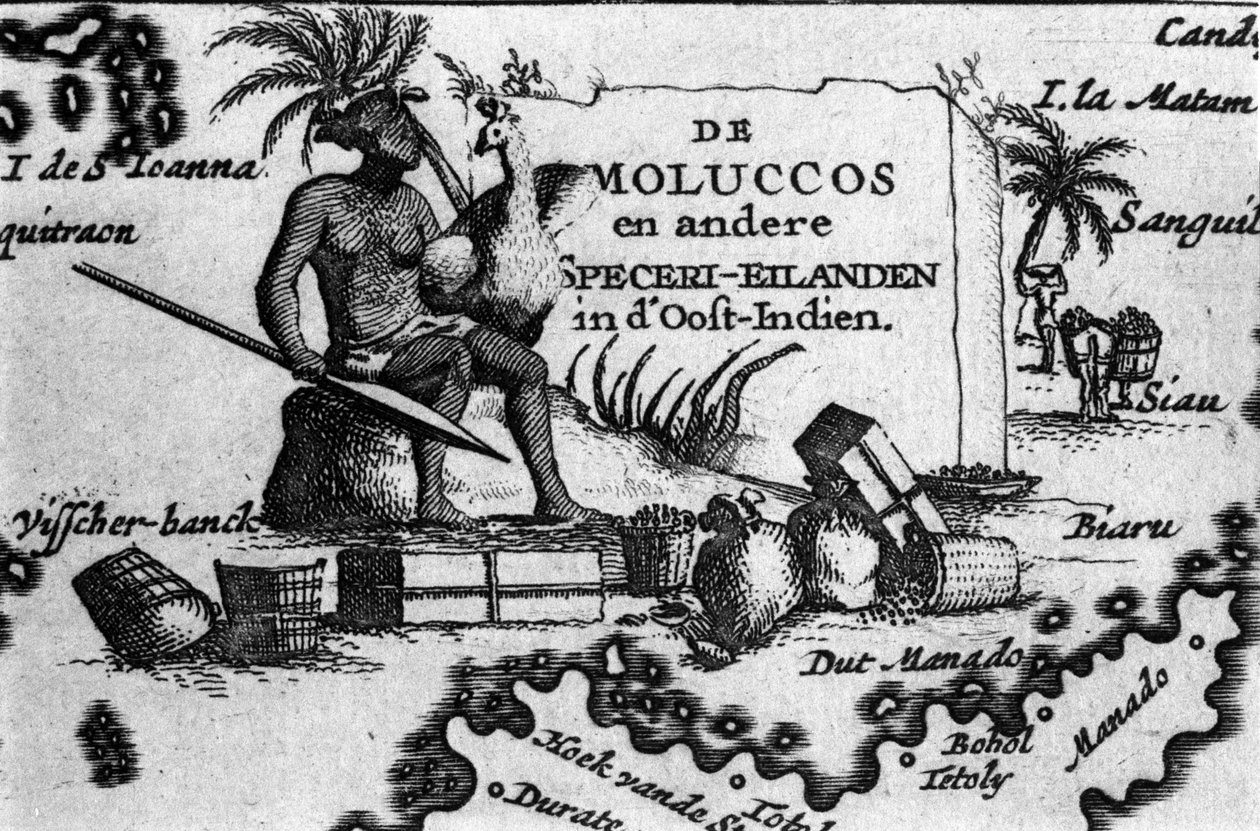 Kart over Molukka-øygruppen i Øst-Indonesia. Geografisk kart hentet fra «Maps des Itineraires et voyages modernes»» av Pierre Vandier. 17. århundre av Unknown artist