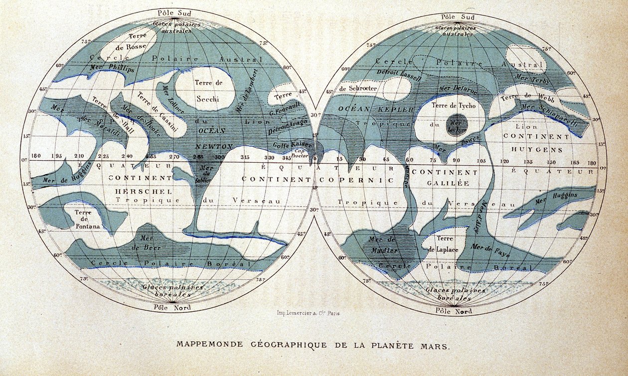 Kart over planeten Mars - i "" Popular Astronomy "" av Camille Flammarion, red. Marpon & Flammarion av Unknown artist