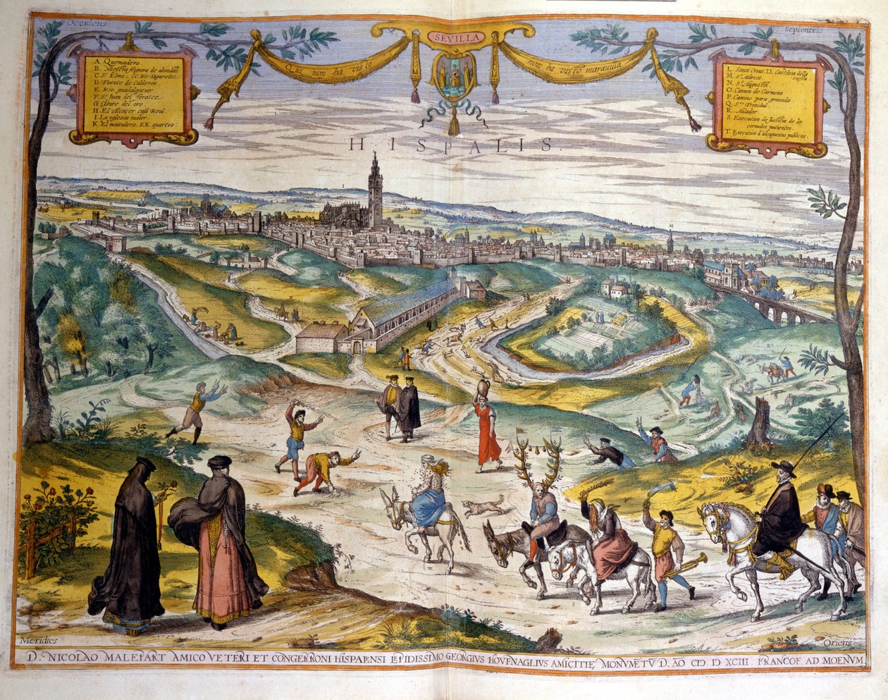 Kart over byen Sevilla i 1590. Nederst til høyre i bildet gjør folket i landsbyen narr av en hane på eselet sitt. av Unknown artist