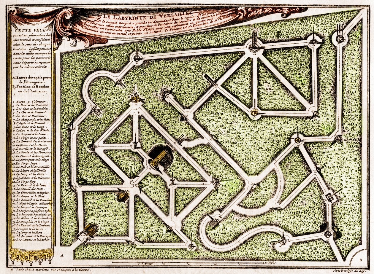 Kart over labyrinten i parken til slottet i Versailles, laget av Andre Le Notre (1613-1700). Gravering i "" La Nature. Revue des sciences et de ses applications aux arts et a l