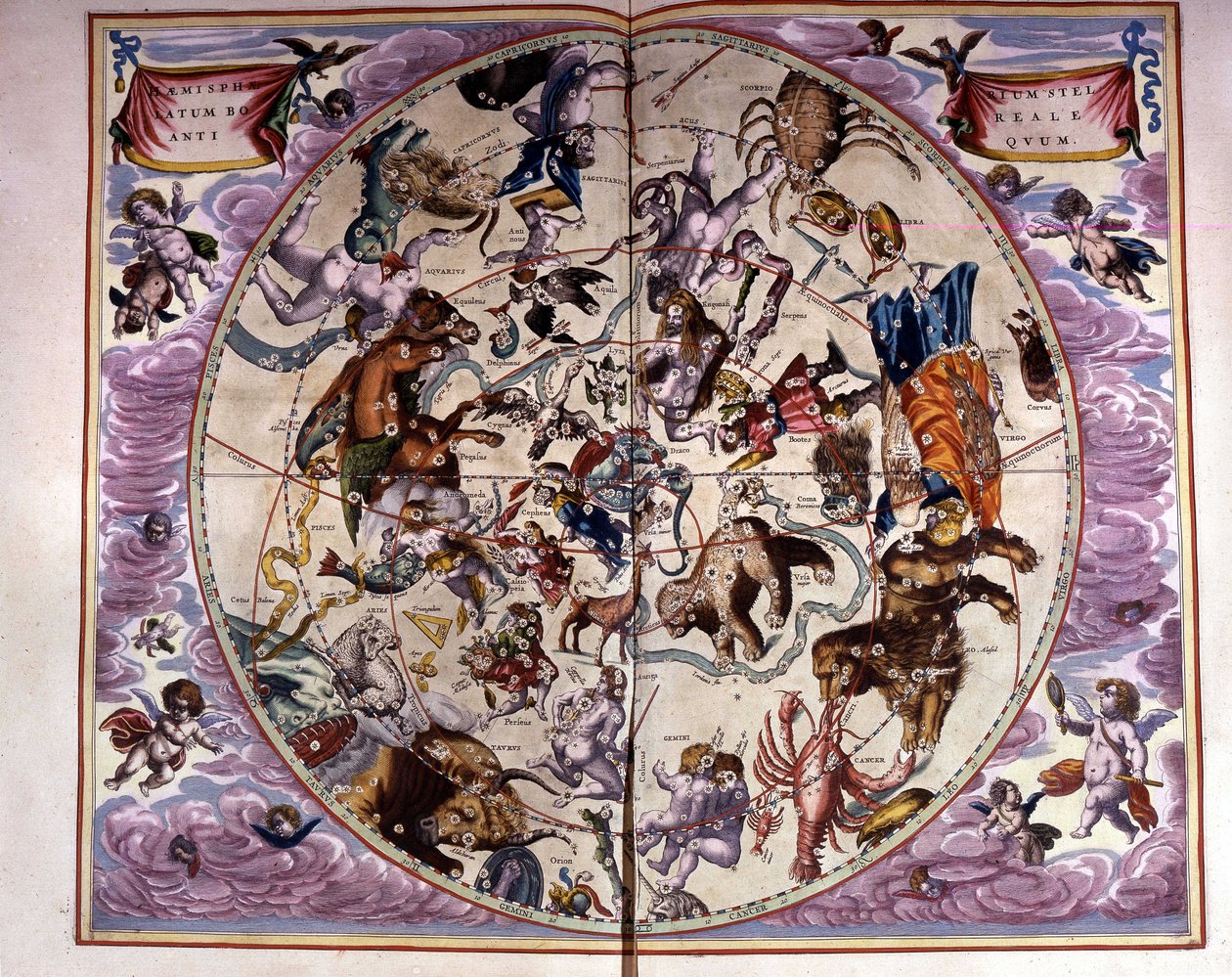 Kart over himmelen og dyrekretsen - faksimile av en gammel komposisjon som representerer stjernebildene på den nordlige himmelen, ifølge "Harmonia Macrocosmica" av André Cellarius av Unknown artist