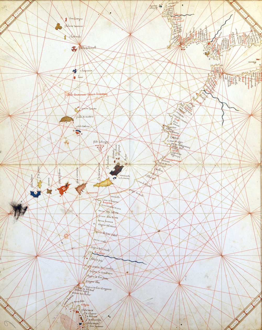 Kart som viser Gibraltar, Marokko og Kanariøyene. Portulan fra 1400-tallet. av Unknown artist
