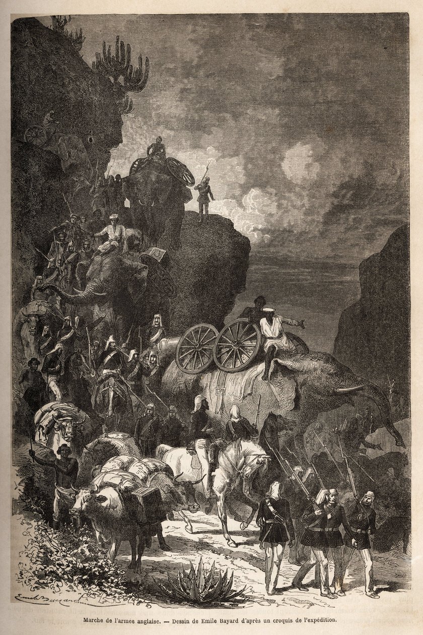 mars av den engelske hæren mot Dalanta-platået, etter troppene til keiser Theodoros (ca. 1818-1868), med elefanter for transport av artilleristykker. Gravering for å illustrere historien "" les captifs de Theodoros"", av doktor Henry Blanc av Unknown artist
