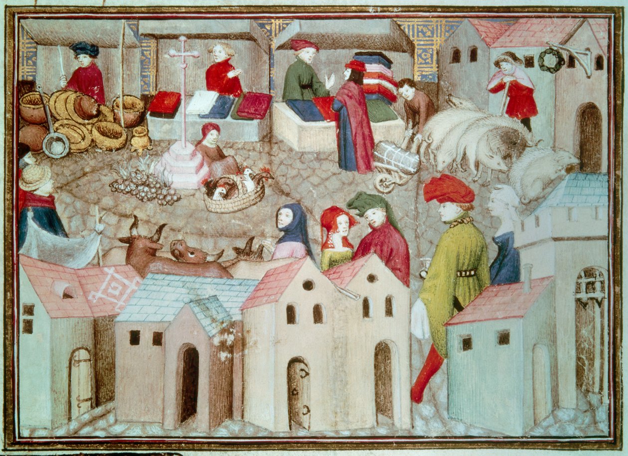 Marche de Champeaux i Paris Betail- og fjærfeforhandlere, drapere. Miniatyr hentet fra «The Wandering Knight» av Thomas de Saluces (Tommaso III di Saluzzo), ca. 1403-1404. Paris, B.N. av Unknown artist