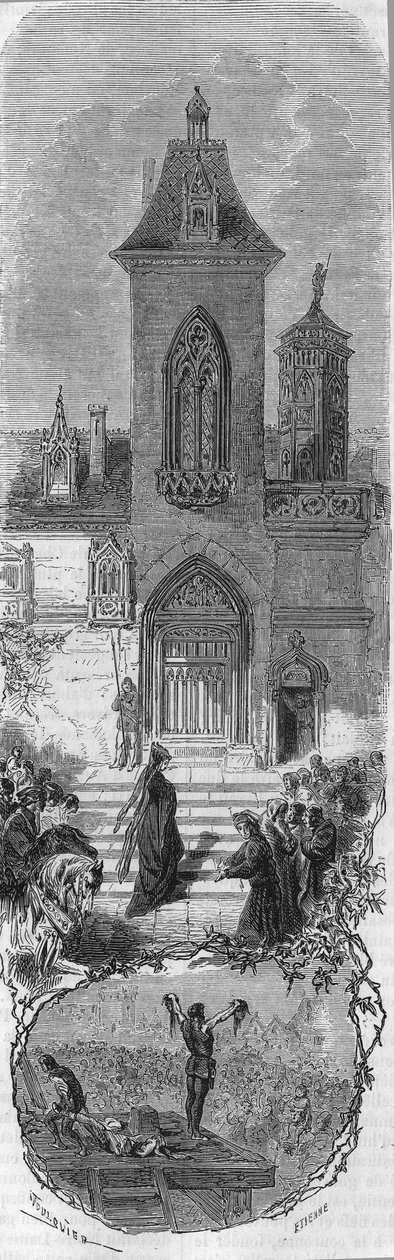 Marie de Burgundy asks for the grace of her ministers. Death of Hugonat and the Sire of Humbercourt on 3 April 1477. Engraving of the 19th century. av Unknown artist