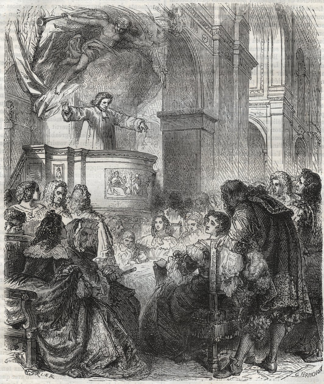 Marie de Rabutin-Chantal (Rabutin Chantal), markis av Sevigne kjent som Madame de Sevigne (1626-1696), lytt til Louis Bourdaloue (1632-1704) fransk ved jesuitenes kirke, Saint-Louis i Paris - gravering av 1866 av Unknown artist