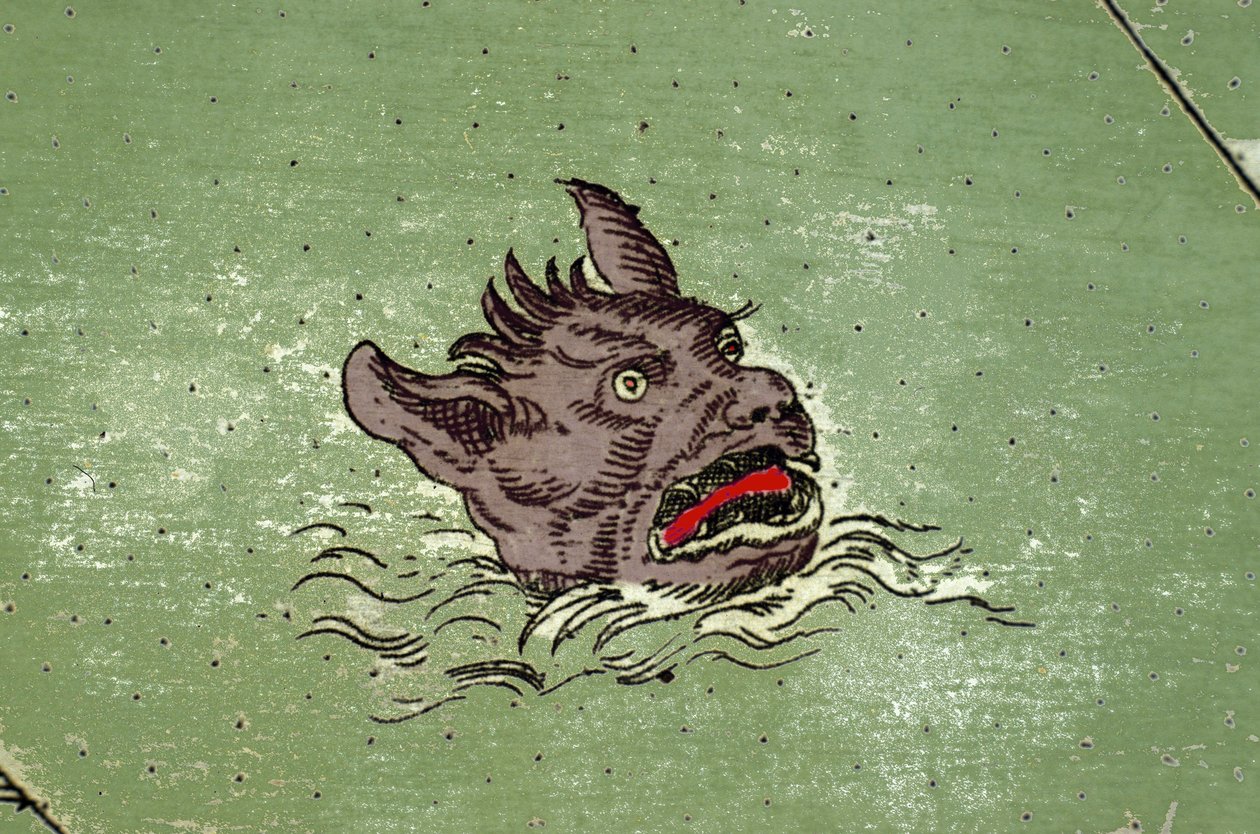 Marinemonster med hodet til demonen. detalj av et kart over atlaset til Urbano Monte av Unknown artist