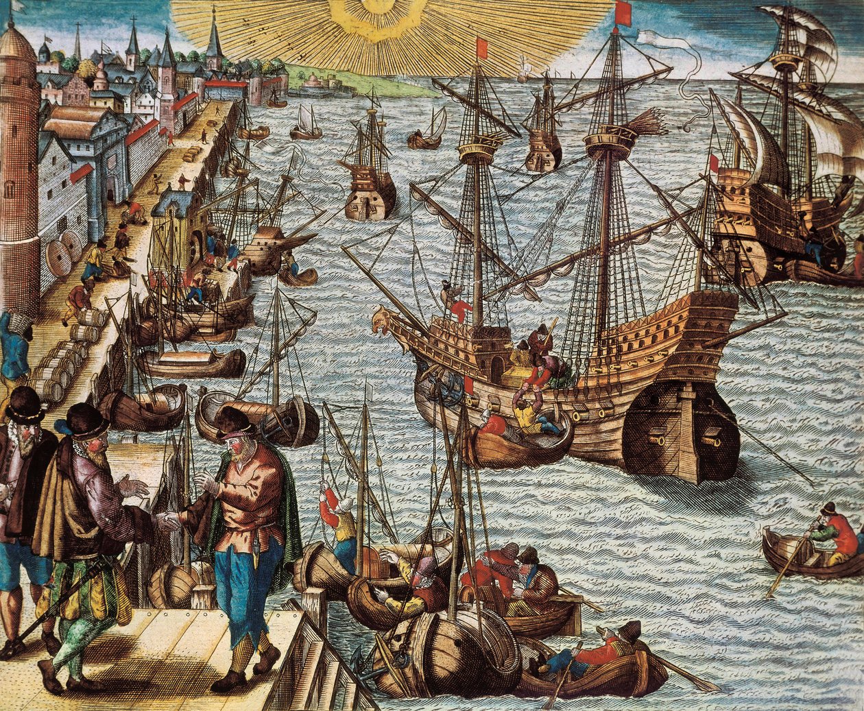 Maritim handel og handel med den spanske Indes (koloni), spesielt beholdningen av sukkerrør. Avgang fra havnen i Lisboa til Øst-India, Amerika og Brasil av Unknown artist