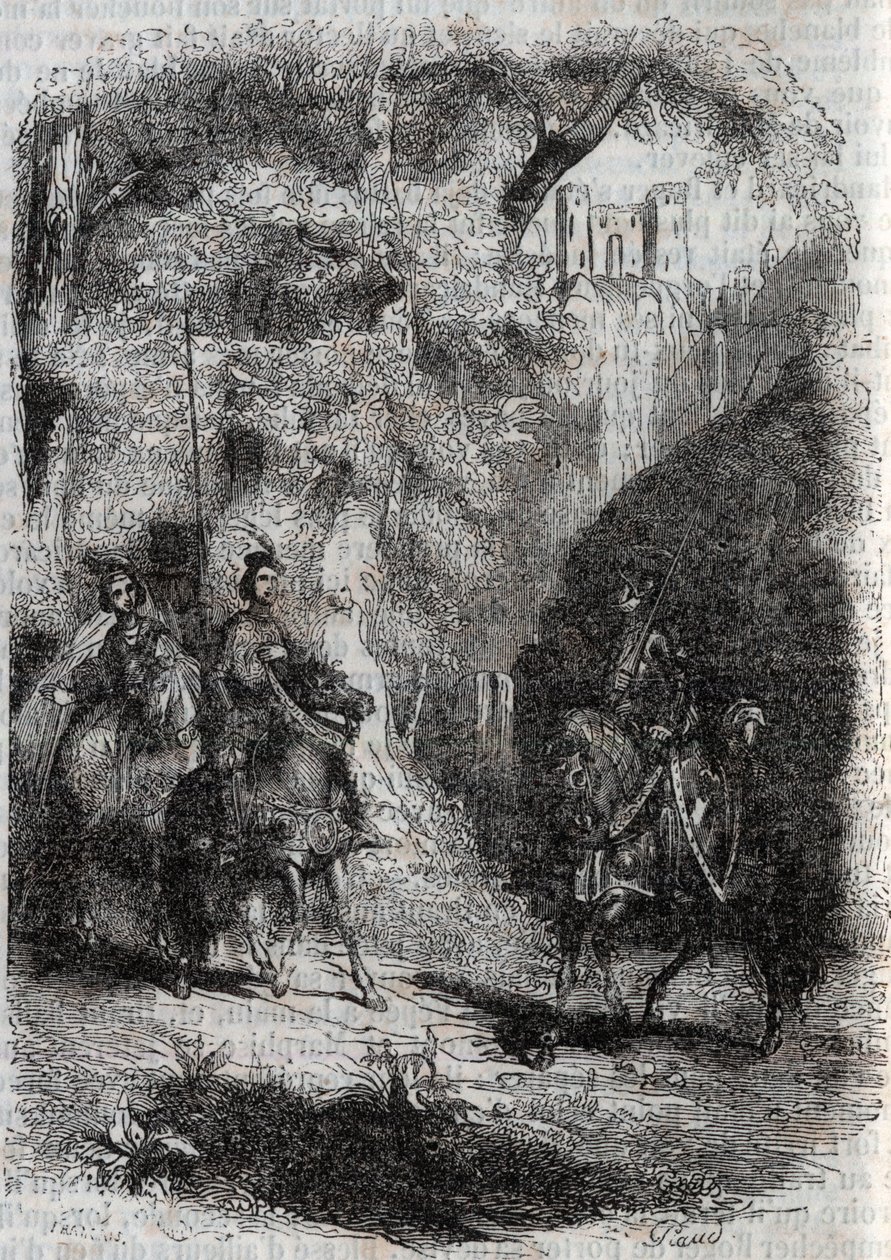 Marphise (Marfisa) and the old woman meet Pinabel (Pinabello) - engraving of 1851 from “” Furious Roland”” (Orlando furioso) (16th century) by Ludovico Ariosto, known as the Ariosta - Edition translated from Italian by the Count of Tressan and published by av Unknown artist