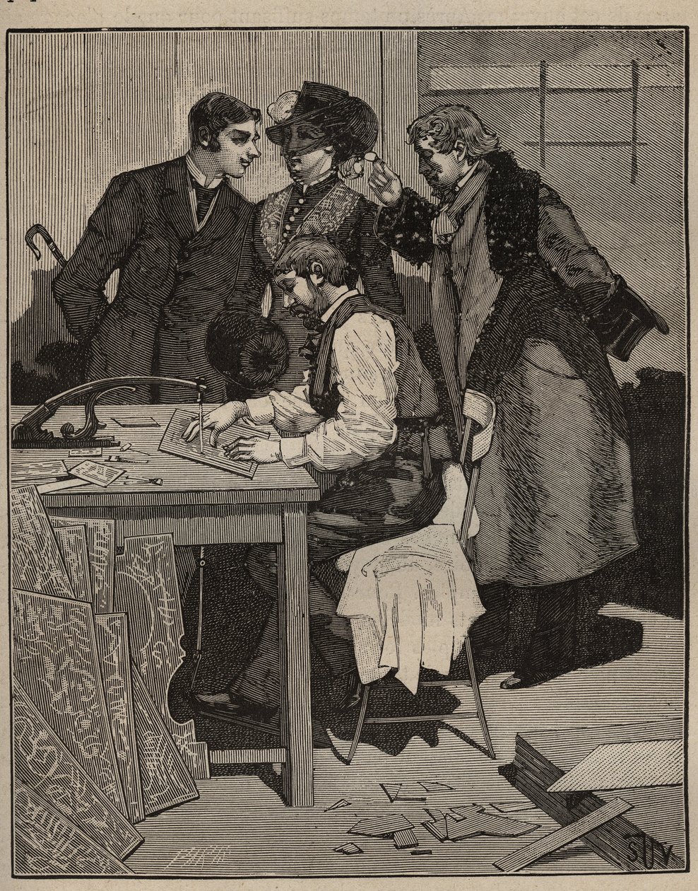 Marquetry: Marquetry har arbeidet. Gravering fra 1885 i "" Les arts et metiers illustres"" av Adolphe BITARD. av Unknown artist