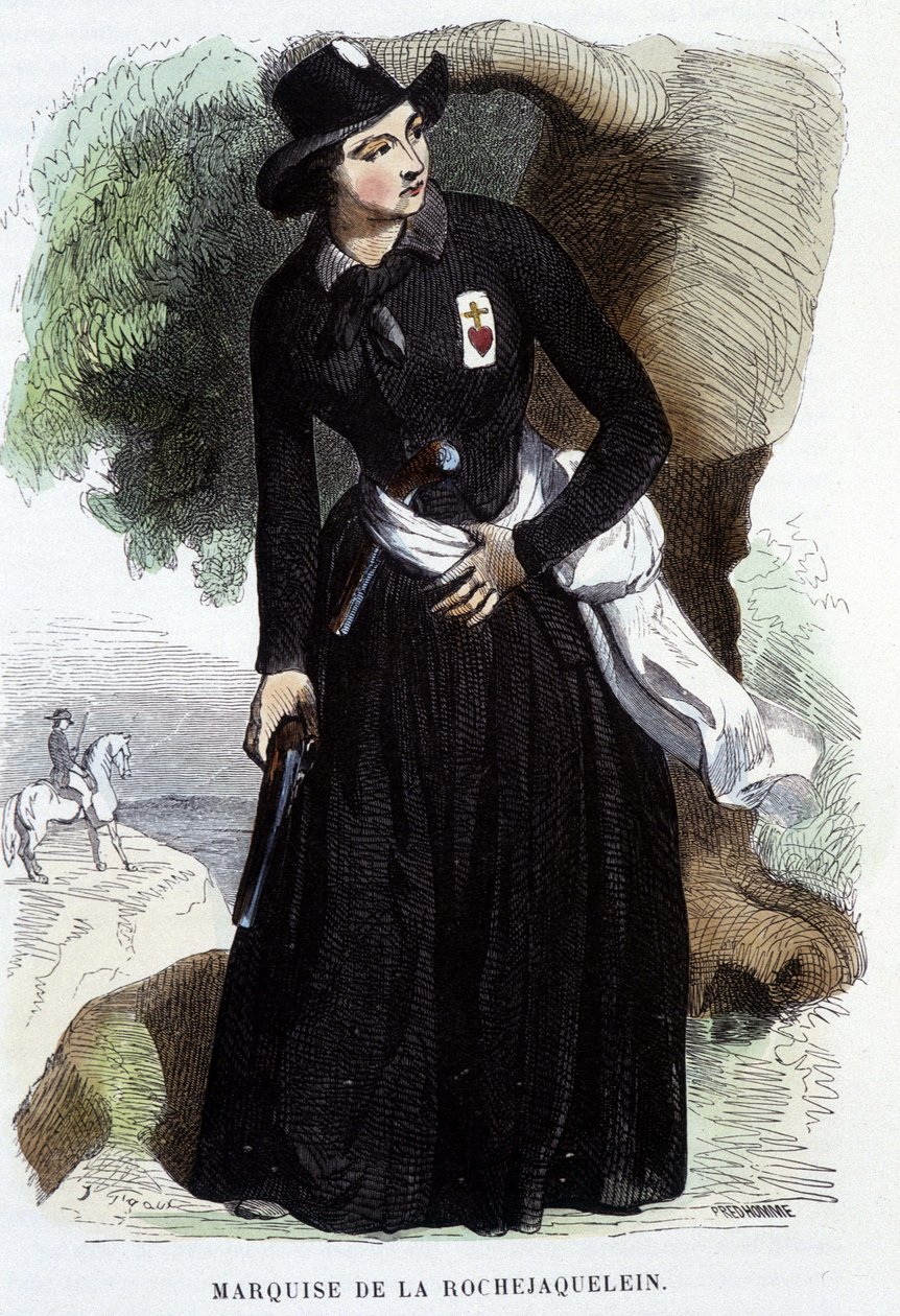 Marquise de La Rochejaquelein (eller La Rochejacquelein) (1772 - 1857) (på brystet insigniene til Vendéens), gravering fra 1800-tallet av Unknown artist