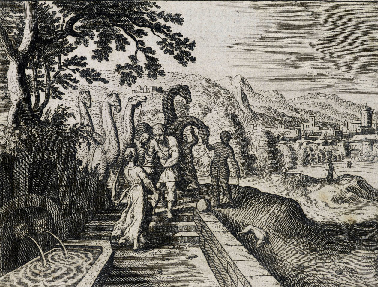 Ekteskap med Isak og Rebecca. Gravering fra en bibel fra 1600-tallet. av Unknown artist