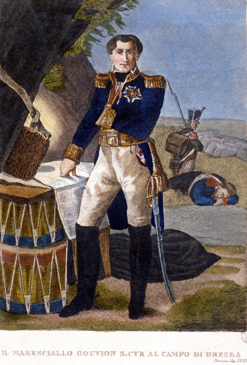 Marskalk Laurent Marquis de Gouvion Saint Cyr (1764 til 1830) i slaget ved Dresden i 1813. gravering 1800-tallet av Unknown artist