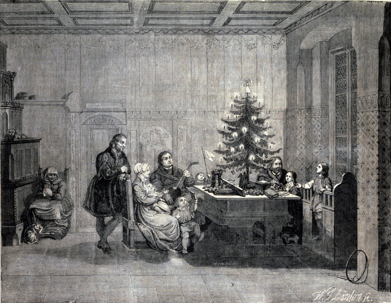 Martin Luther (1483-1546) tysk religiøs reformator feirer jul med familien. Gravering fra 1800-tallet av Unknown artist