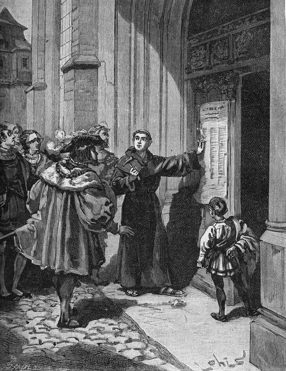 Martin Luther (1483-1546) henger sine 95 teser i Wittenberg av Unknown artist