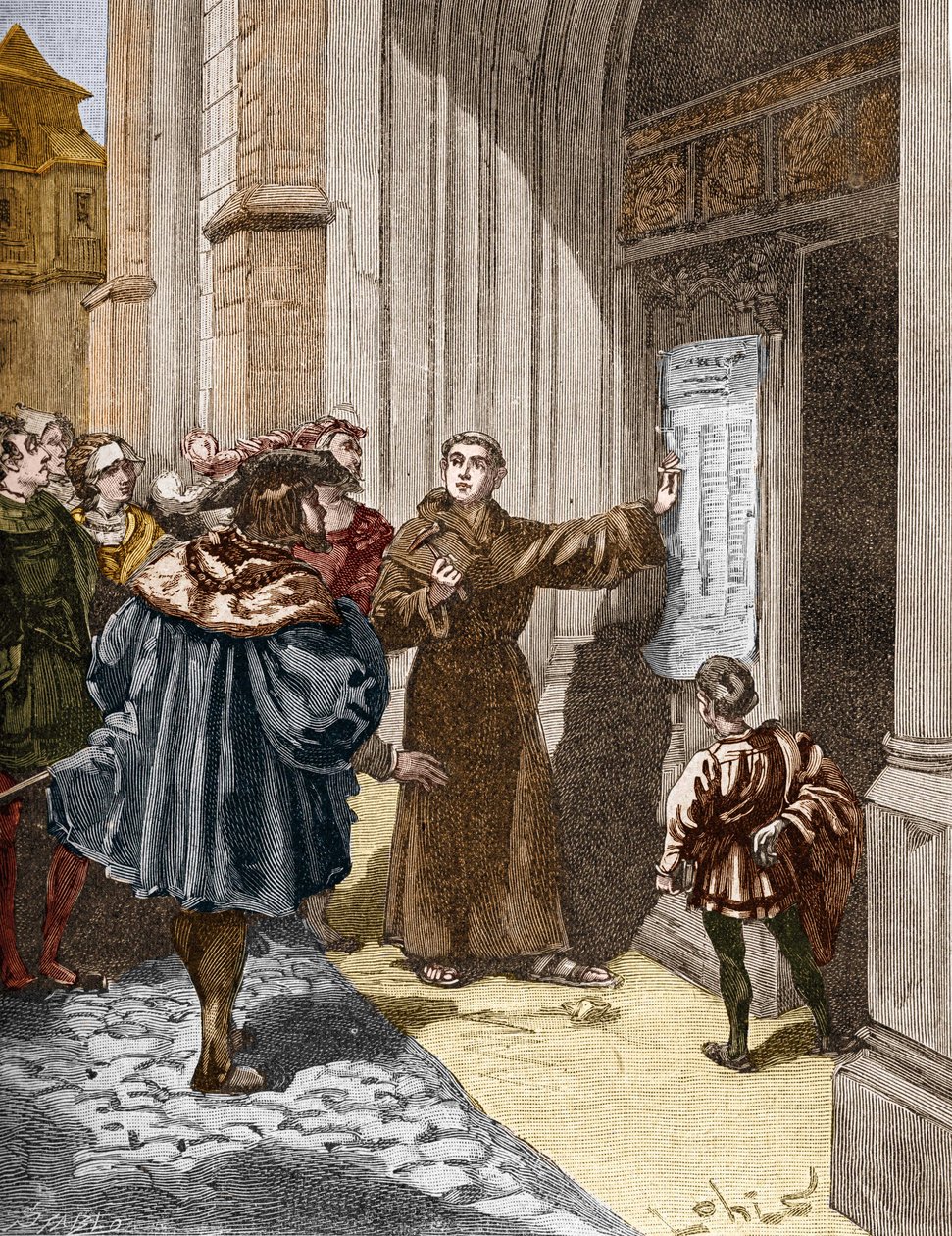 Martin Luther (1483-1546) hanging his 95 theses in Wittenberg av Unknown artist