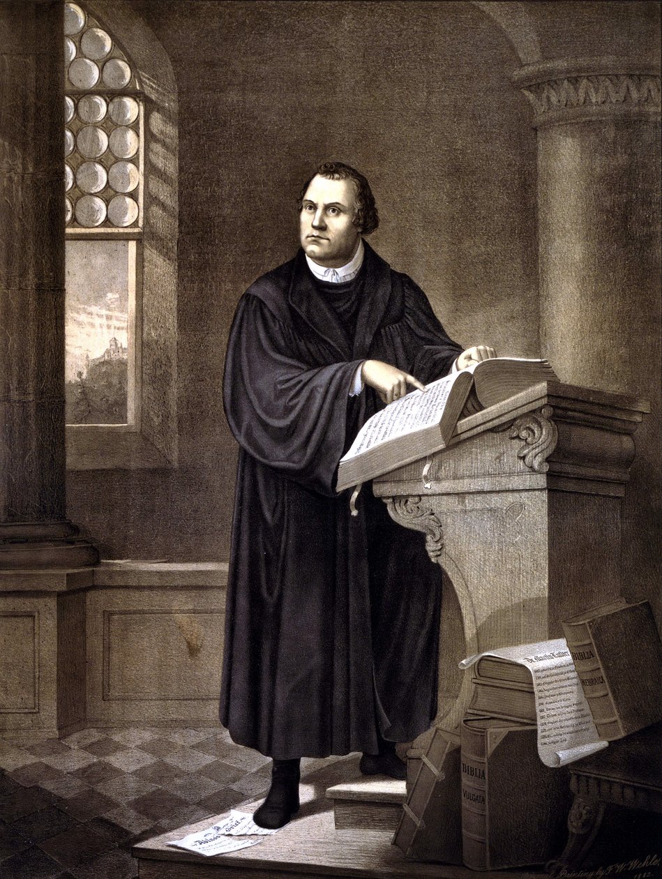 Martin Luther (1483 - 1546) reading in a church. av Unknown artist
