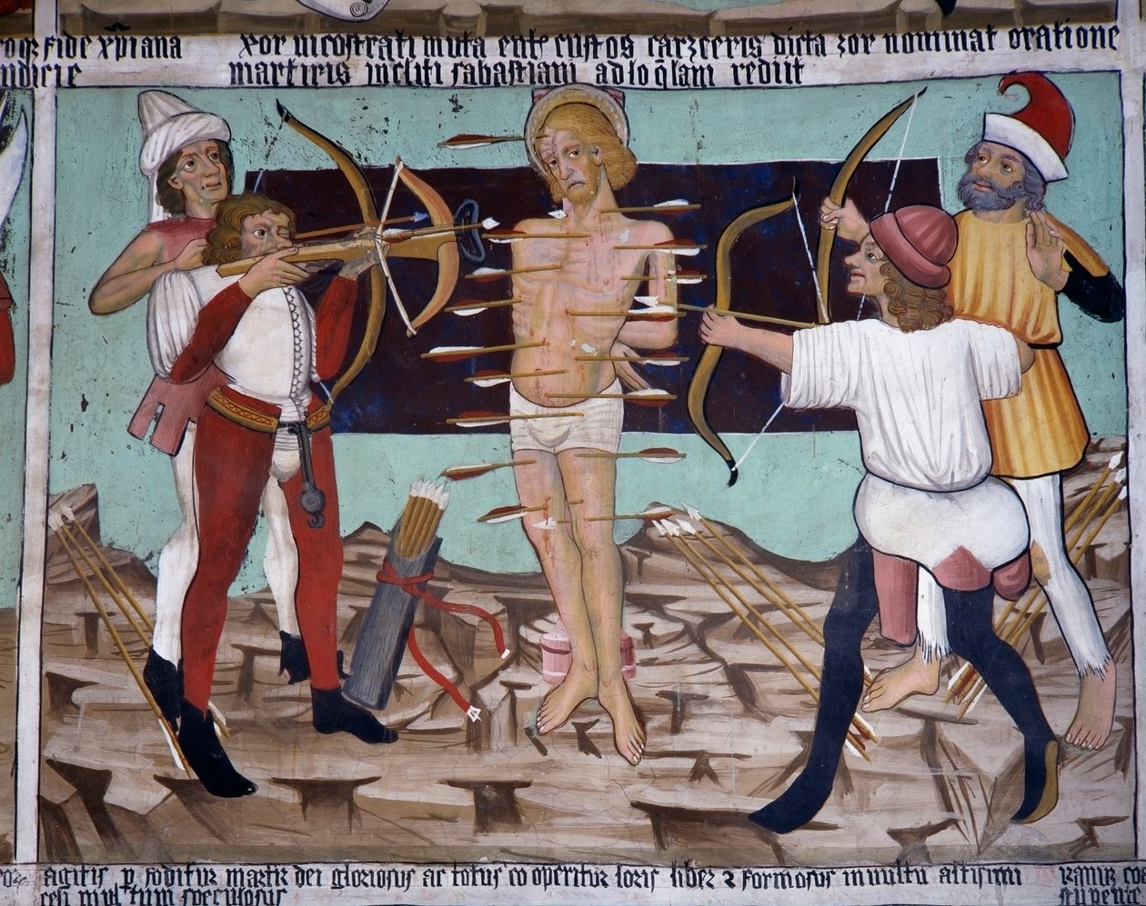 Martyrium of St Sebastian, Saint Sebastians liv (1400-tallet), fresker, Chapel of St Sebastian, Villard-de-Lans, Rhone-Alpes, Frankrike. av Unknown artist