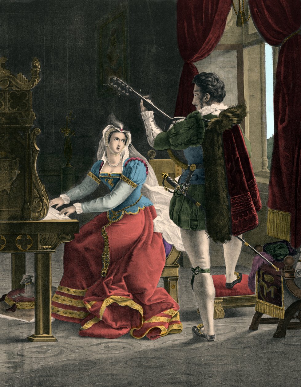 Mary Stuart og David Rizzio - Marie (Mary) Iere Stuart (1542-1587) med David (Davide) Rizzio - gravering fra 1800-tallet av Unknown artist