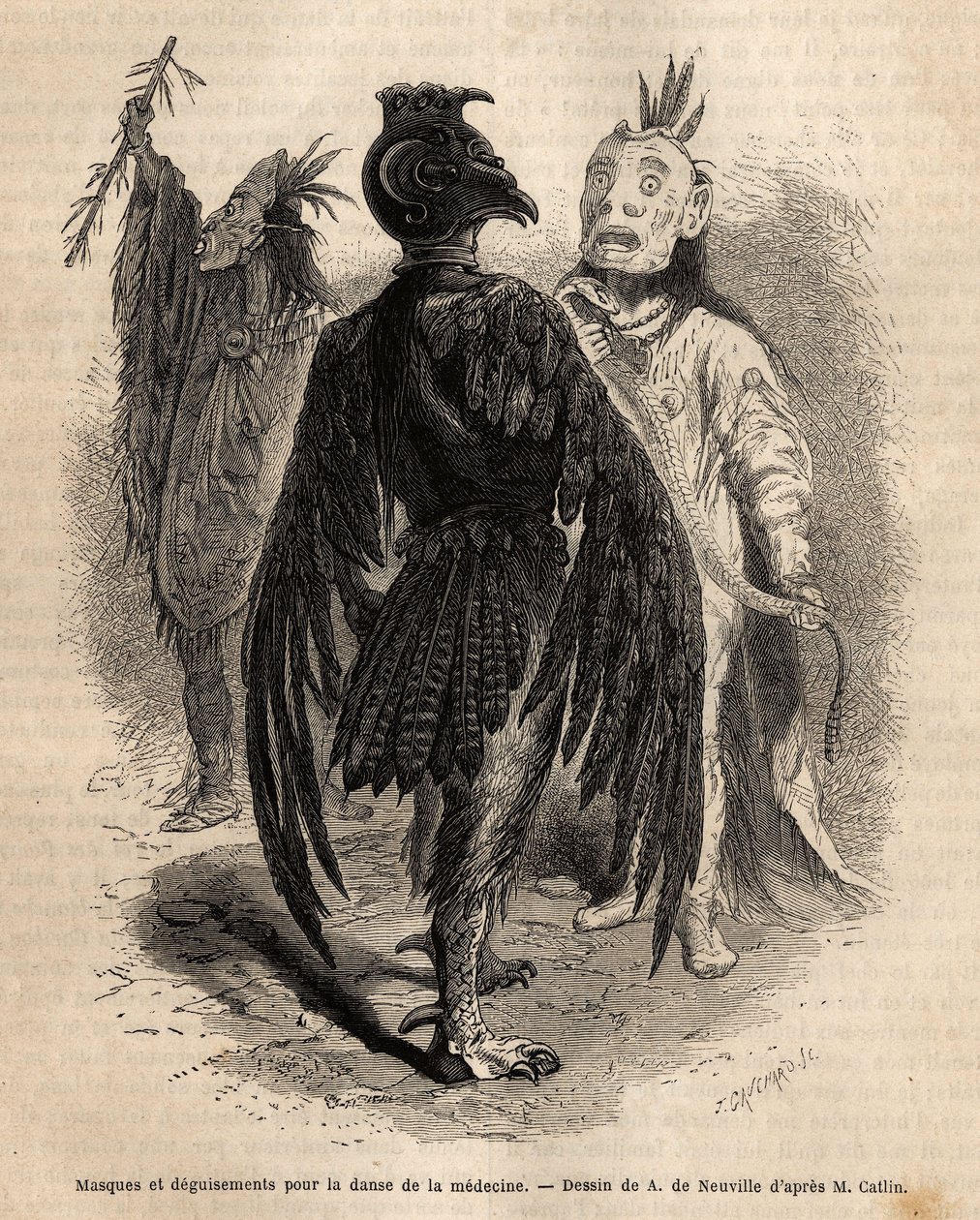 Masker og forkledninger for medisinens dans blant Naya-indianerne. Gravering for å illustrere en ekskursjon blant indianerstammene i bassengene i Colombia og Upper Missouri, av G. Catlin, i 1855, publisert i "" le tour du monde", under ledelse av Unknown artist