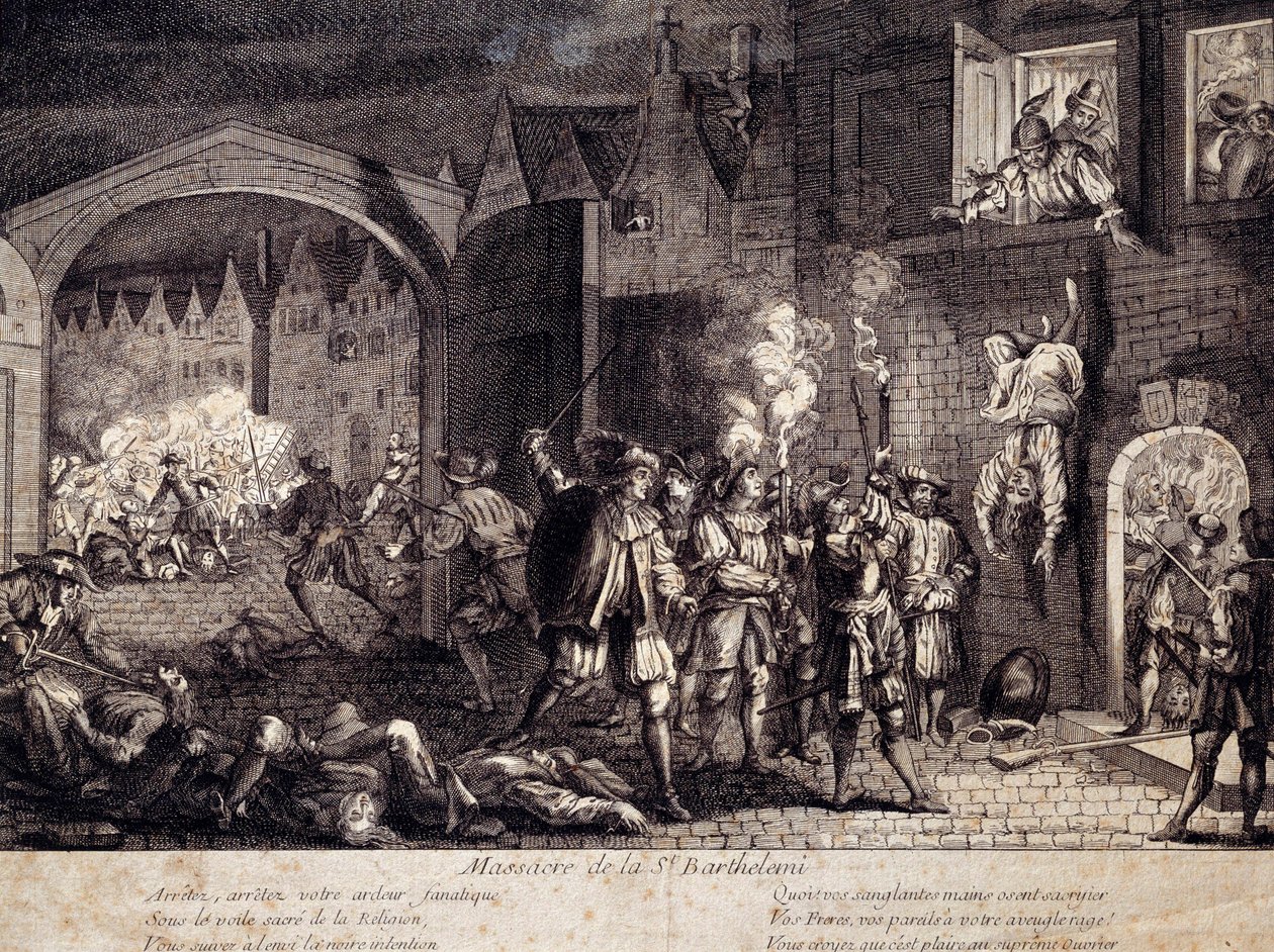 Massakren på Saint Barthelemy (Saint Barthelemy) i Paris natt til 24. august 1572. Gravering av 1500-tallet. Pau, Musee Du Chateau av Unknown artist