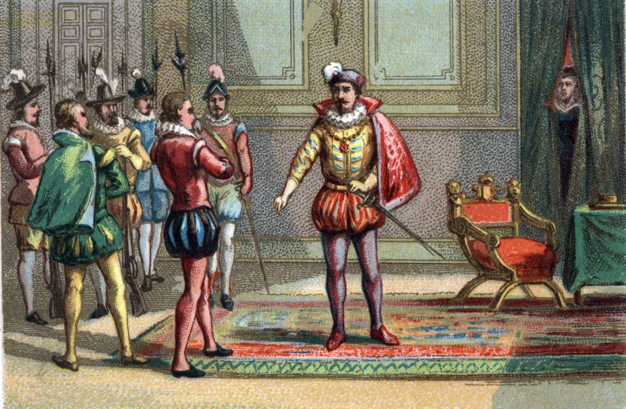 Massakren av Saint Barthelemy, hertugen av Conde og Henry av Navarre ble brakt til Charles IX, konge av Frankrike (1550-1574), som tilbød dem valget mellom messe og død. Catherine de Medicis (Caterina de Medici) (1519-1589) observerer scenen. Chrom av Unknown artist