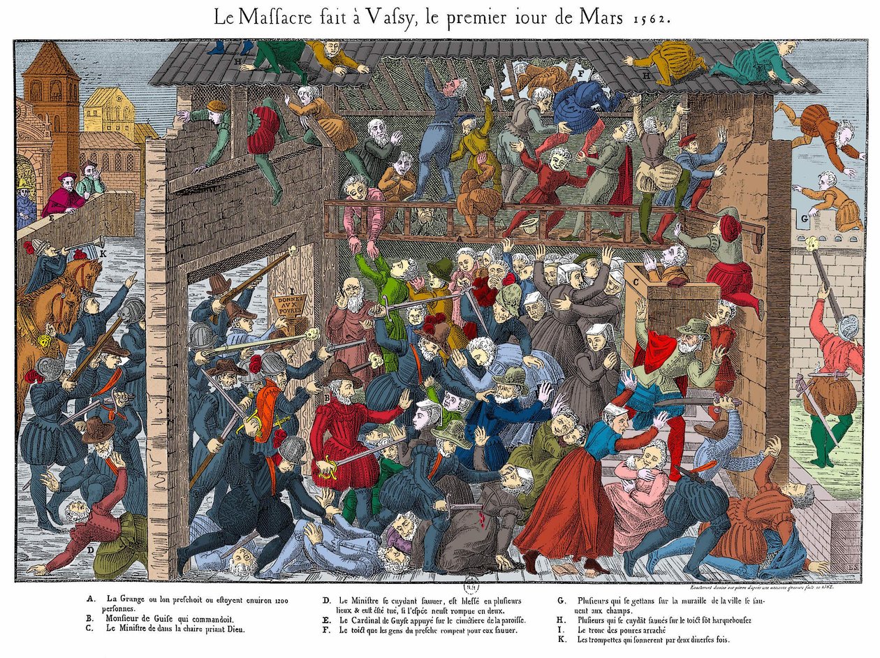 Massakren av den protestantiske befolkningen i Wassy (Vassy) 01/03/1562 av folket i Guise (begynnelsen av religionskrigene) av Unknown artist