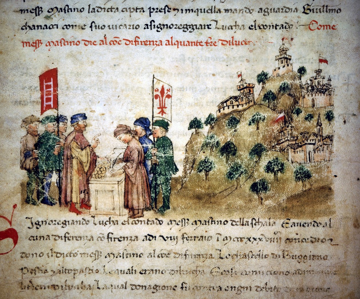 Mastino II de la Scala (1308 - 1351) gir byen Firenze mye land fra Lucca, rundt 1300 - i “” Croniche del Sercambi””, rundt 1400. Nasjonalarkivet, Lucca. av Unknown artist