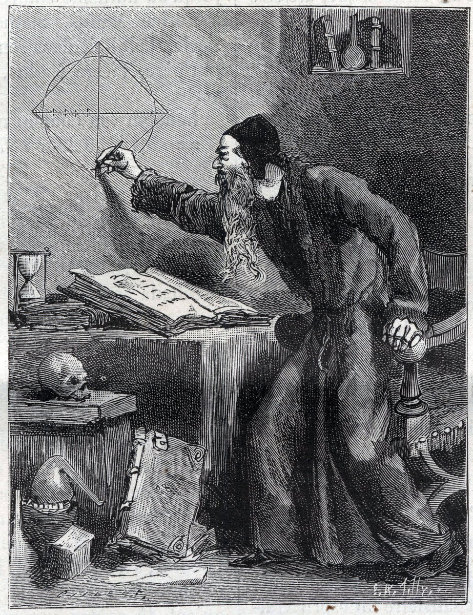 Matematikk og geometri: Vitenskapelig forsker av kvadraturen av sirkelen på 1500-tallet. Gravering i "" La Nature"" 1890. Privat samling. av Unknown artist