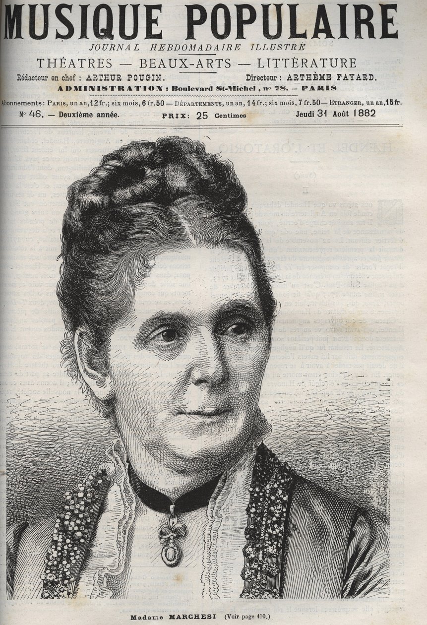 Mathilde Marchesi (1821-1913) tysk mezzosopran - gravering i "" Populærmusikk""" berømt ukeavis - 1882 av Unknown artist