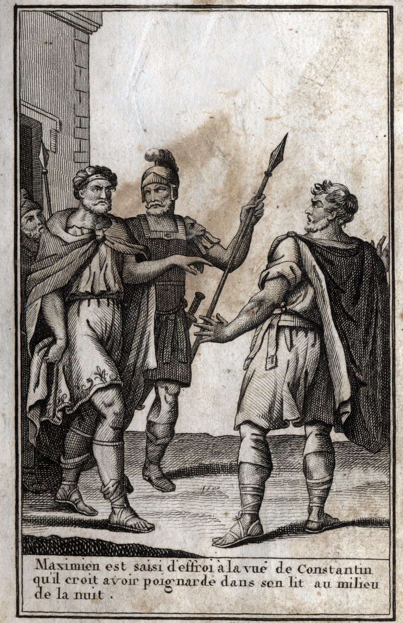 Maximian Hercules (Marcus Aurelius Valerius Maximianus) (cirka 250-310), romersk keiser, blir grepet av frykt ved synet av Konstantin (Konstantin I, Flauius Valerius Aurelius Constantinus, 272-306), hans svigersønn, som han tror han stakk i sengen sin jeg av Unknown artist