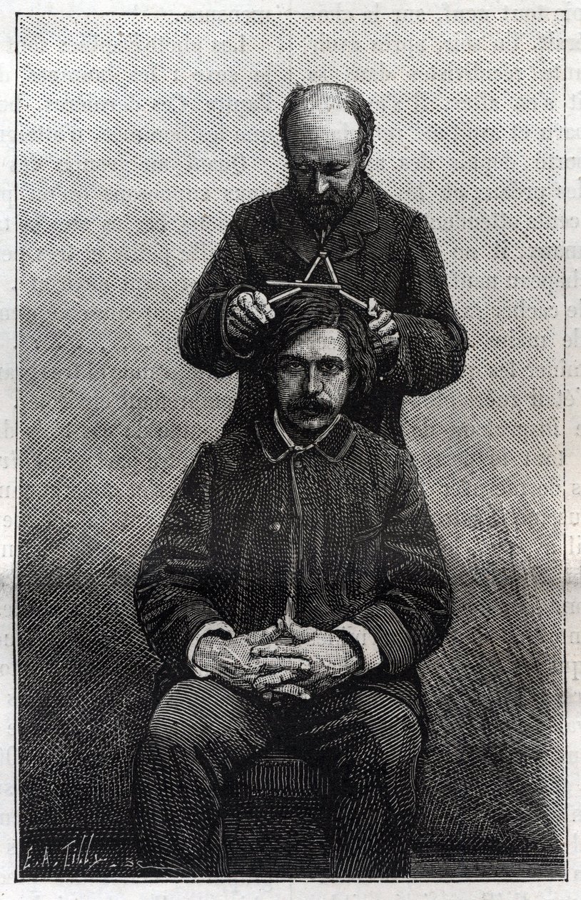 Målinger av maksimal bredde på hodet av politiprefekturen i henhold til metodene til Alphonse Bertillon (1853-1914) kjent som "Bertillonnage". Gravering i "" La Nature"" av Unknown artist