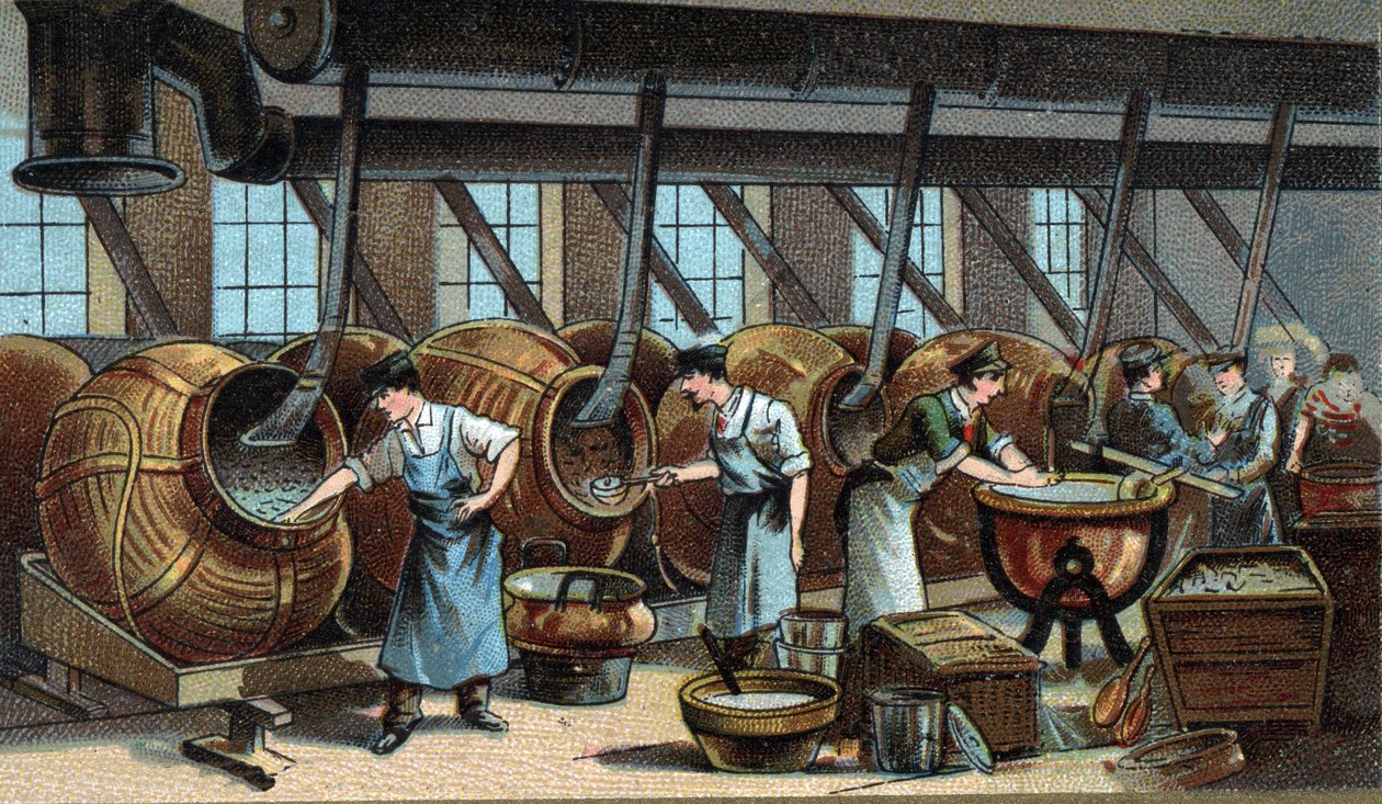 Mechanical manufacture of dragees. Chromolithography of the end of the 19th century av Unknown artist