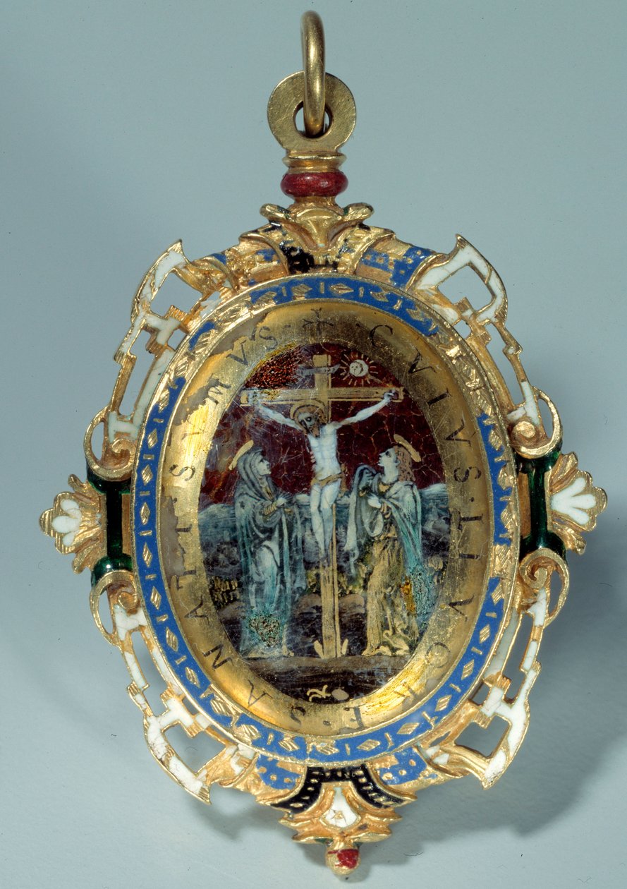 Medaljong i e-post på rund gullbule dekorerer korsfestelse og flukt til Egypt. Debut av 1500-tallet Sun. h. 7 cm. Paris. Museet Louvre av Unknown artist