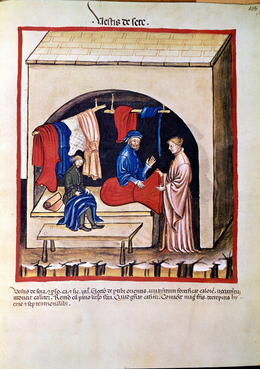 Medisinhandel: "" silkeklærhandler"" Side hentet fra "" Tacuinum sanitatis"" (Cod. ser. nov. 2644) Rundt 1400 Wien, Østerriksk nasjonalbibliotek av Unknown artist