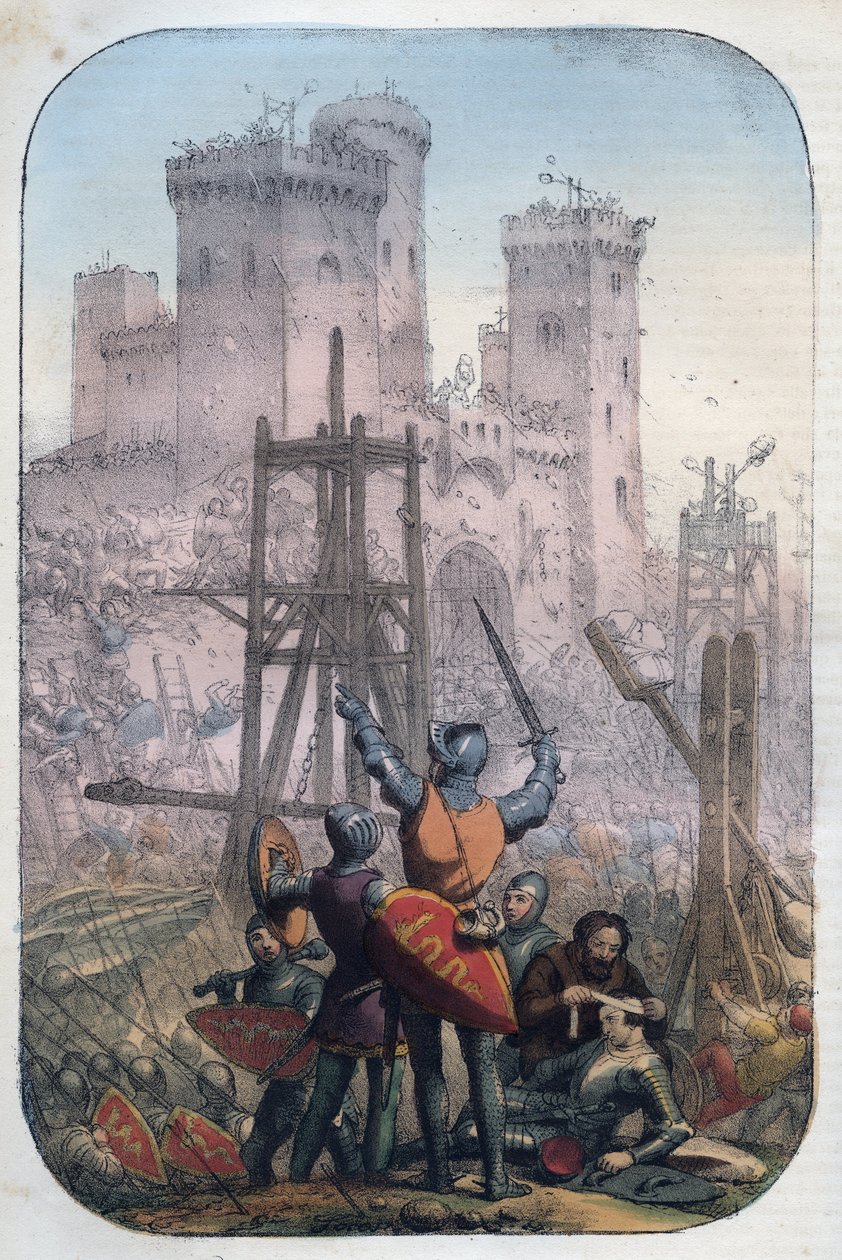 Middelalderliv - Angripe og forsvare et slott - gravering fra "" Skikker og skikker til alle folkeslag i universet. Det vil si historien om regjeringen, lovene, militsen, om religionen til alle nasjoner fra de fjerneste tider til i dag "185 av Unknown artist