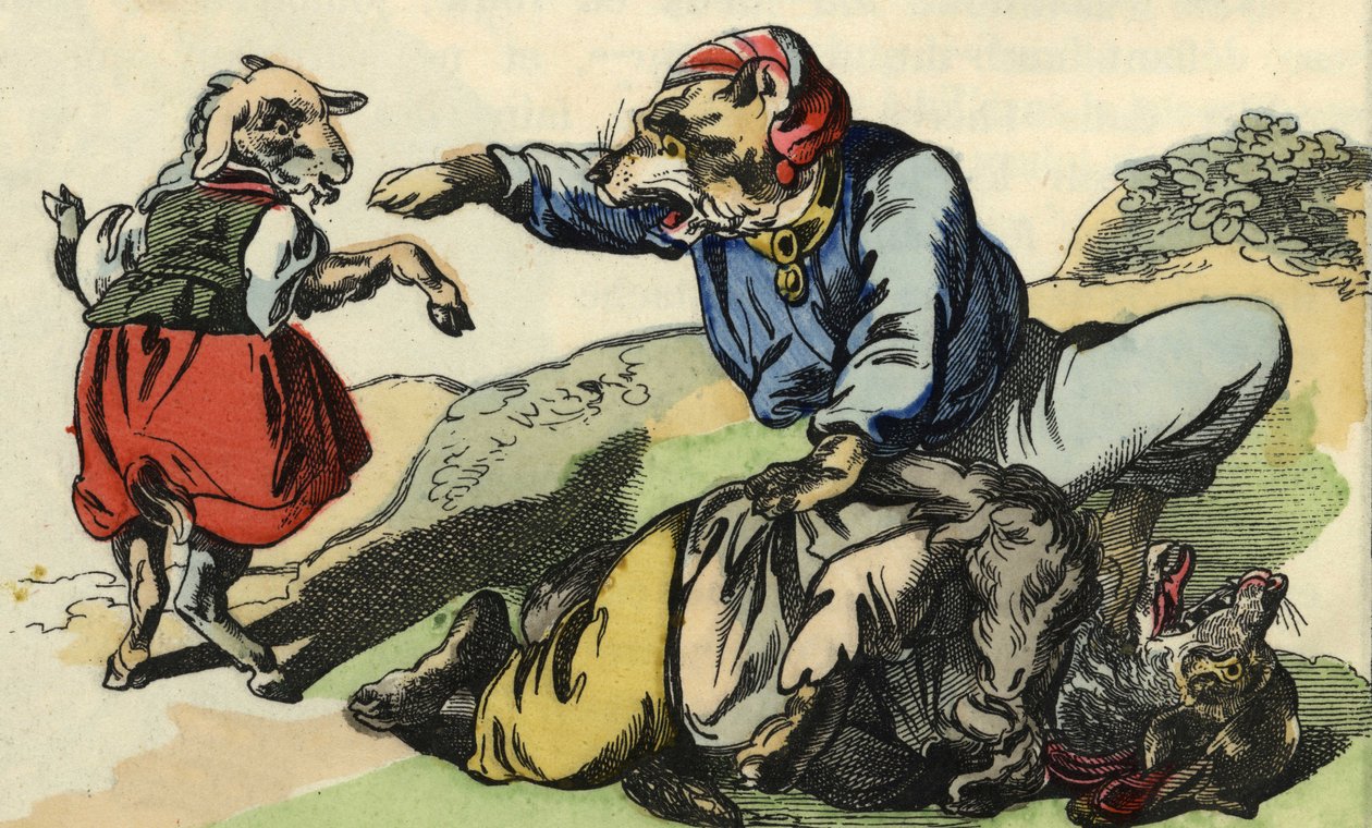 Medor redder Little Chef fra ulven. Illustrasjon av historien "Bon medor og Lille Chevrette"". I "" Fortellinger fra hjemmet for de minste"". Anonym gravering fra 1800-tallet. av Unknown artist
