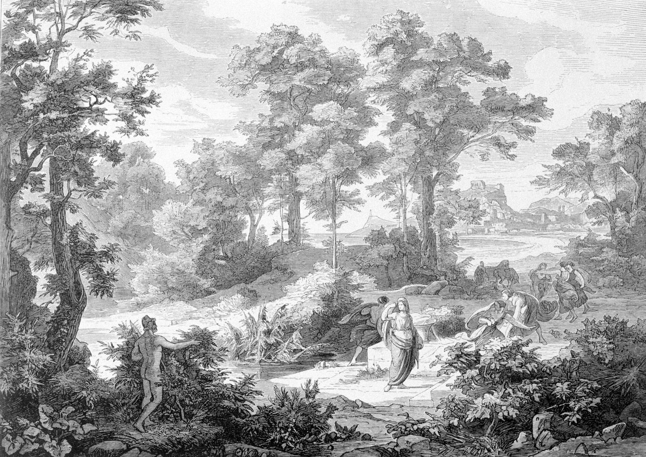 Møte mellom Ulysses som lå nær en elv og Nausicaa. Gravering fra slutten av 1800-tallet. av Unknown artist