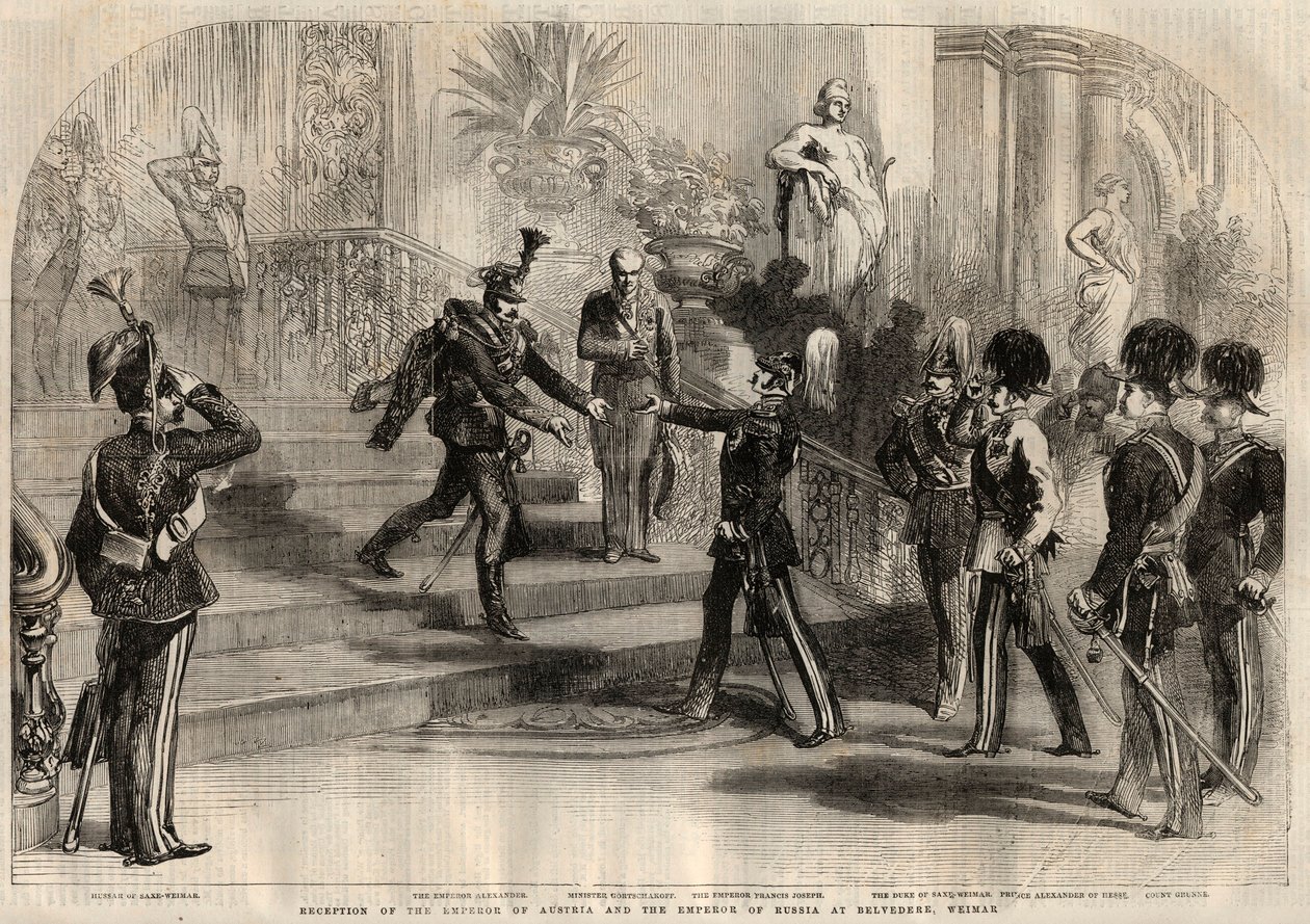 Møte mellom den russiske tsaren Alexander II (1818-1881) og den østerrikske keiseren Francois Joseph I (1830-1916) ved Belvedere i Weimar (Tyskland). Fra venstre til høyre er Alexander II, Francois Joseph I, Charles Alexander hertug av Sachsen-Weimar-Eisen av Unknown artist