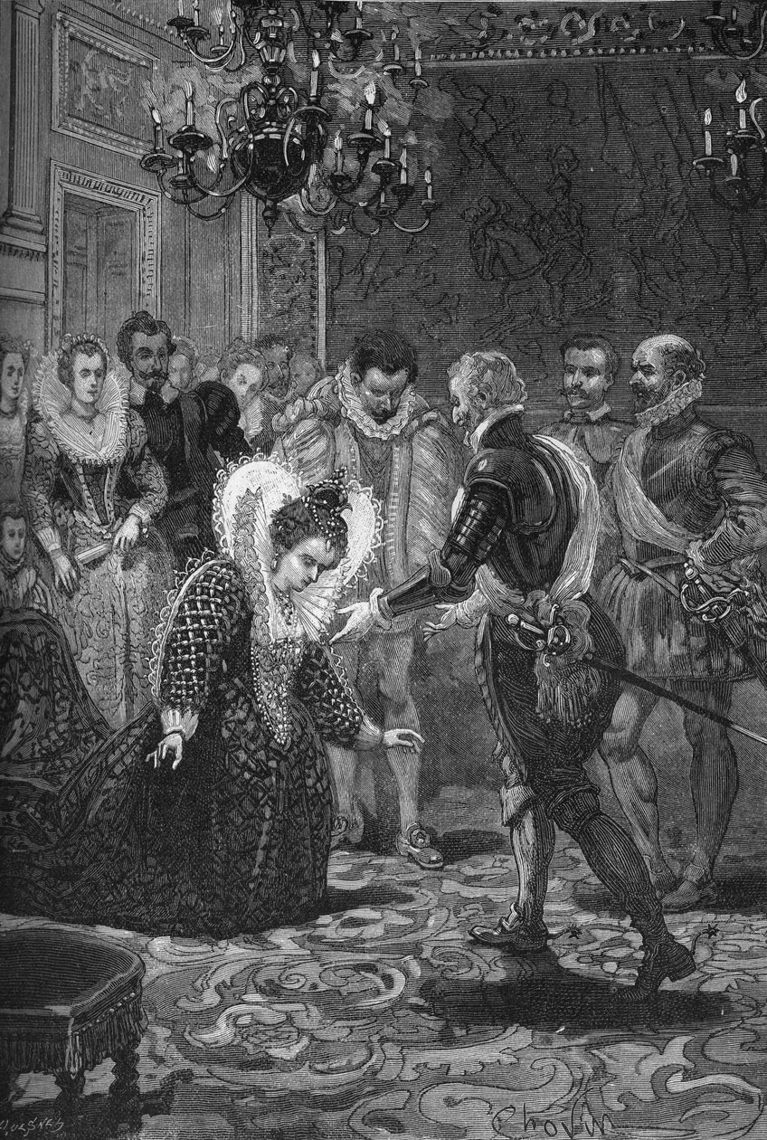 Meeting of Maris de Medicis and Henry IV (1601): Mary of Medicis (1573 -1642) bowing to her husband, King of France Henry IV (1553-1610). Engraving of the 19th century. In “Histoire de France” by Jules Michelet av Unknown artist