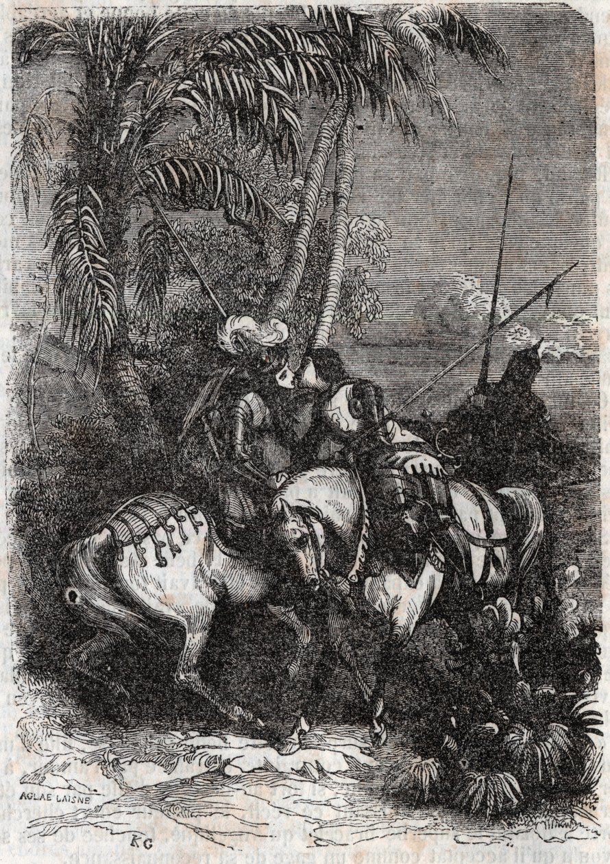 Meeting of Marphise (Marfisa), Astolphe (Astolfo) and Sansonnet (Sansonetto) - engraving of 1851 from “” Roland furieux” (Orlando furioso) (16th century) by Ludovico Ariosto, known as the Ariosta - Edition translated from Italian by the Count of Tressan an av Unknown artist