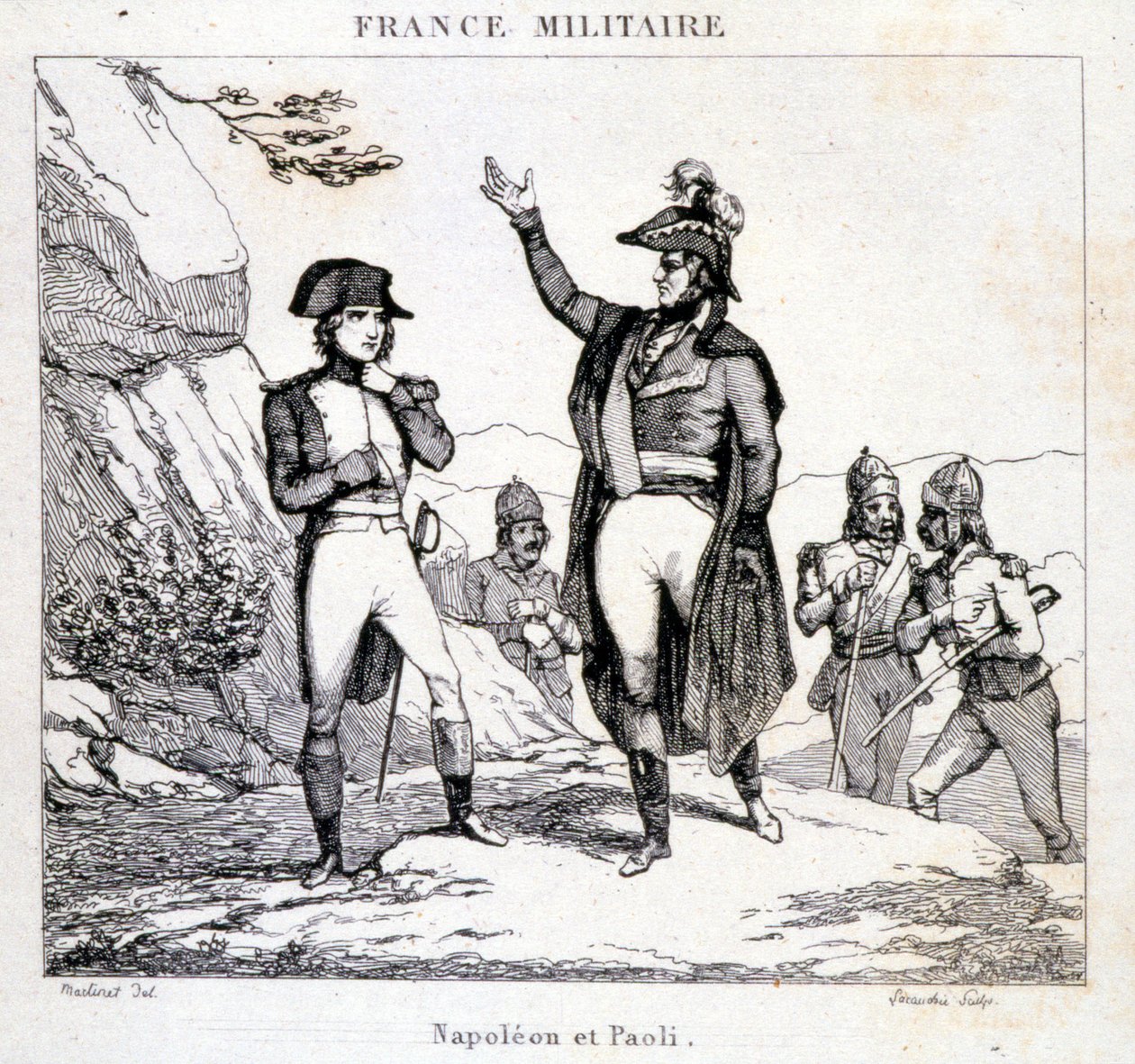 Møte mellom Napoleon Bonaparte og Pasquale eller Pascal Paoli (1725 - 1807), Patriote Corsica. Gravering fra 1800-tallet. av Unknown artist