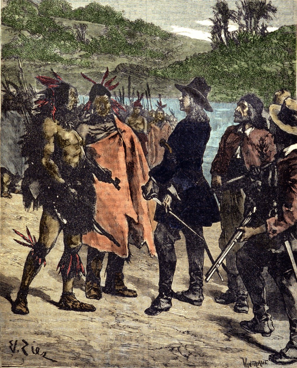 Møte av Robert Cavelier de La Salle (1643-1687) med indianerne i Amerika. Gravering av 1800-tallet. av Unknown artist