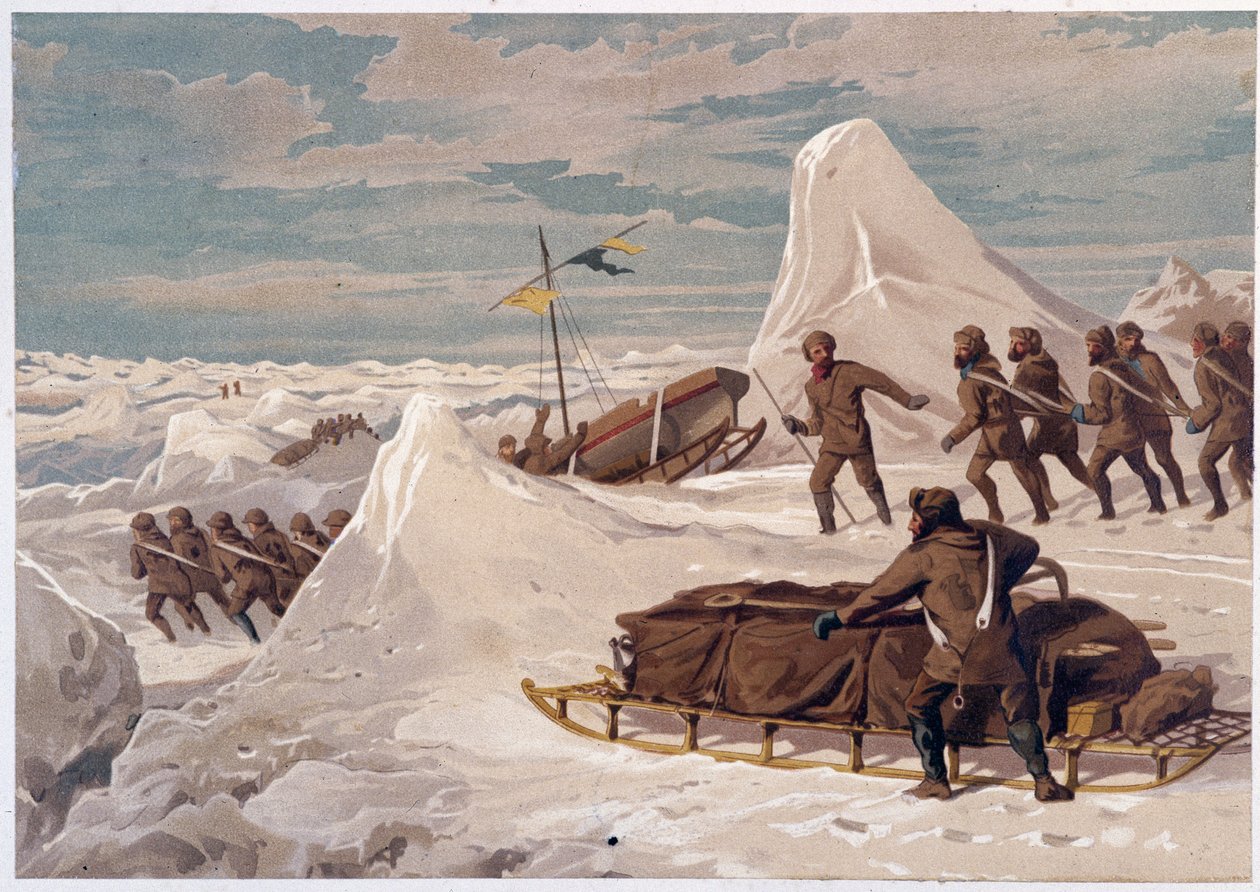Men and Sleds - in "" The shores of the polar sea, an Arctic expedition narration"", av Dr. Edward Moos, Marcus Nard & Co, London av Unknown artist
