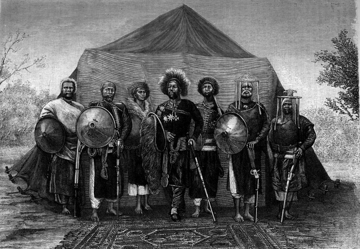 Menelik II (1844-1913), konge av Etiopia, omgir sine hærsjefer. Gravering i "" Le Journal de la jeunesse"" av Unknown artist
