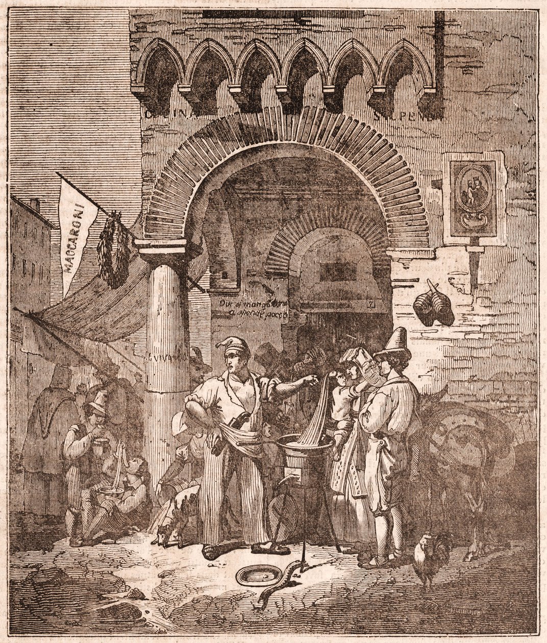 Kjøpmann som koker pasta i en kjele, italiensk scene (gravering) av Unknown artist