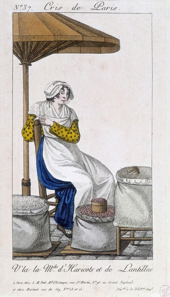 Forhandler av bønner og tørkede linser - i “” Cris de Paris””, deb. 1800-tallet av Unknown artist